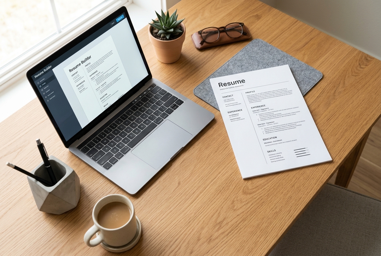 Minimalist desk with paper notebook, pen, and clean workspace