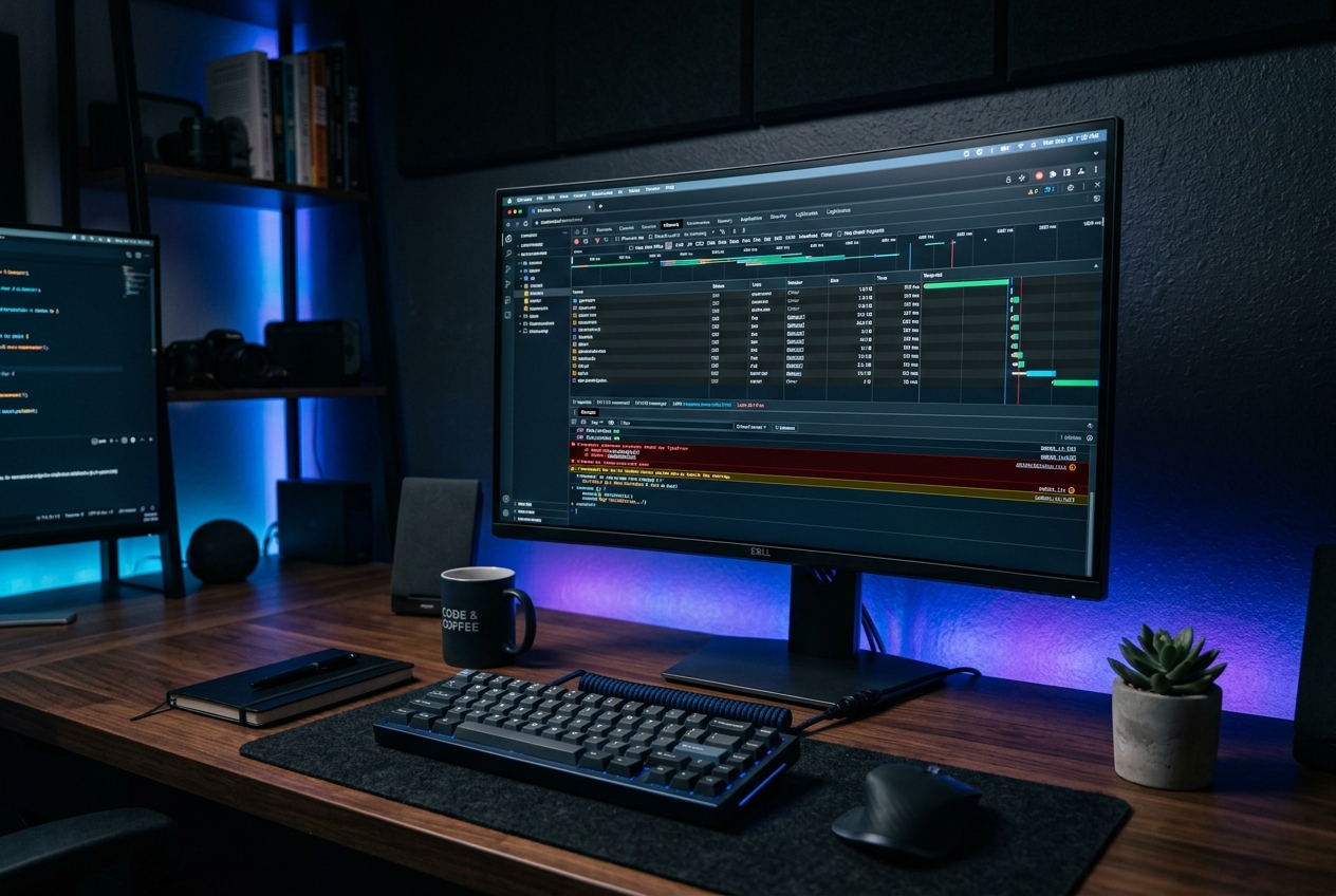 Modern workspace with code editor on laptop screen and clean desk setup