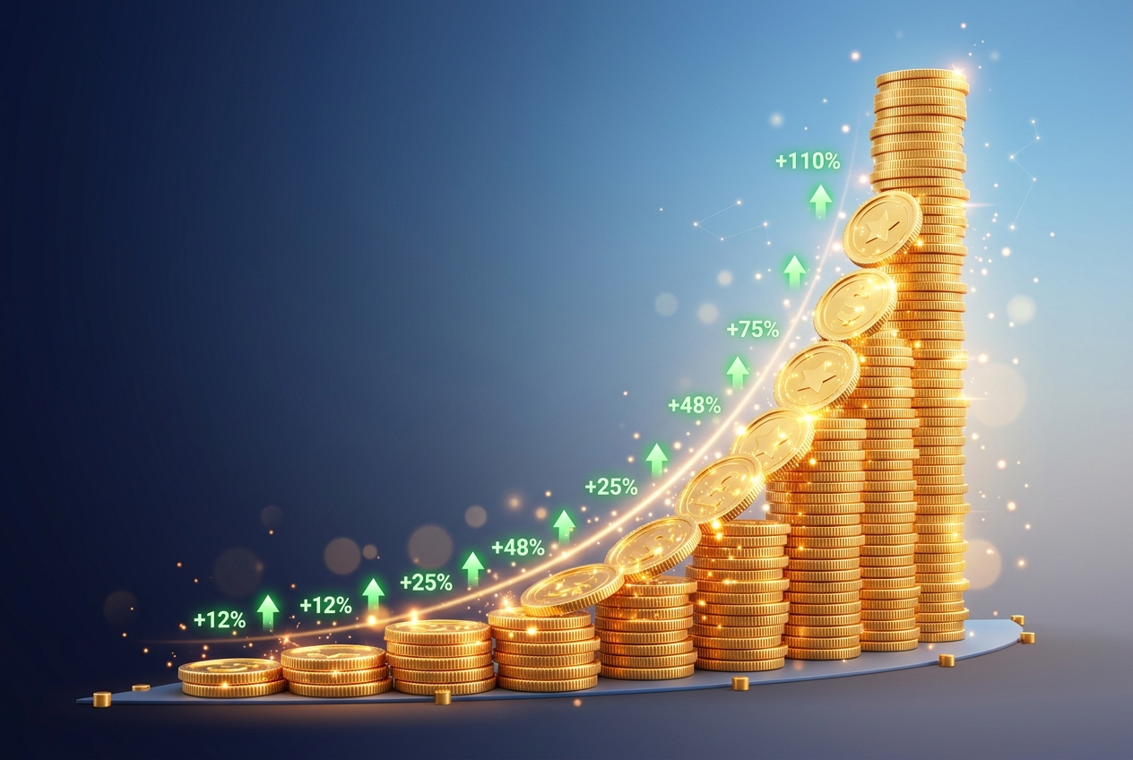 Growth chart with golden coins illustrating exponential compound interest