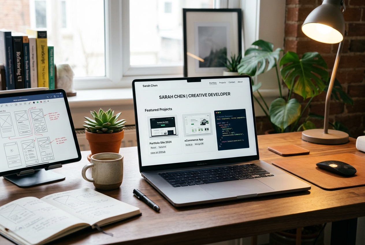 Laptop with clean portfolio showcase and code documentation