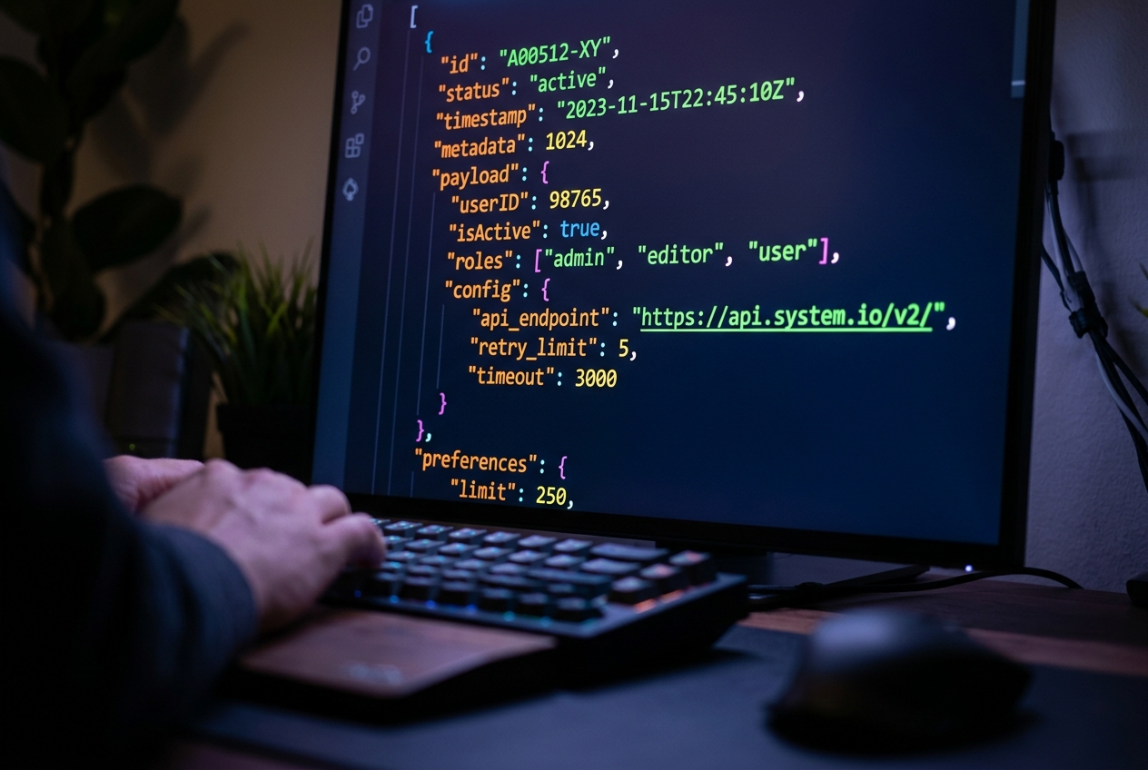 Code editor showing JSON syntax highlighting on a dark screen