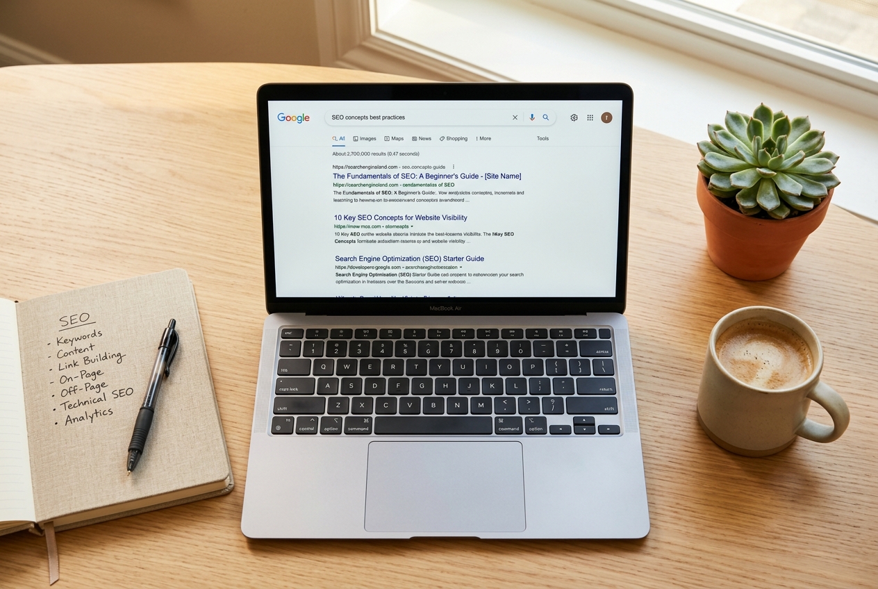 Laptop displaying web metrics and search analytics on a wood surface