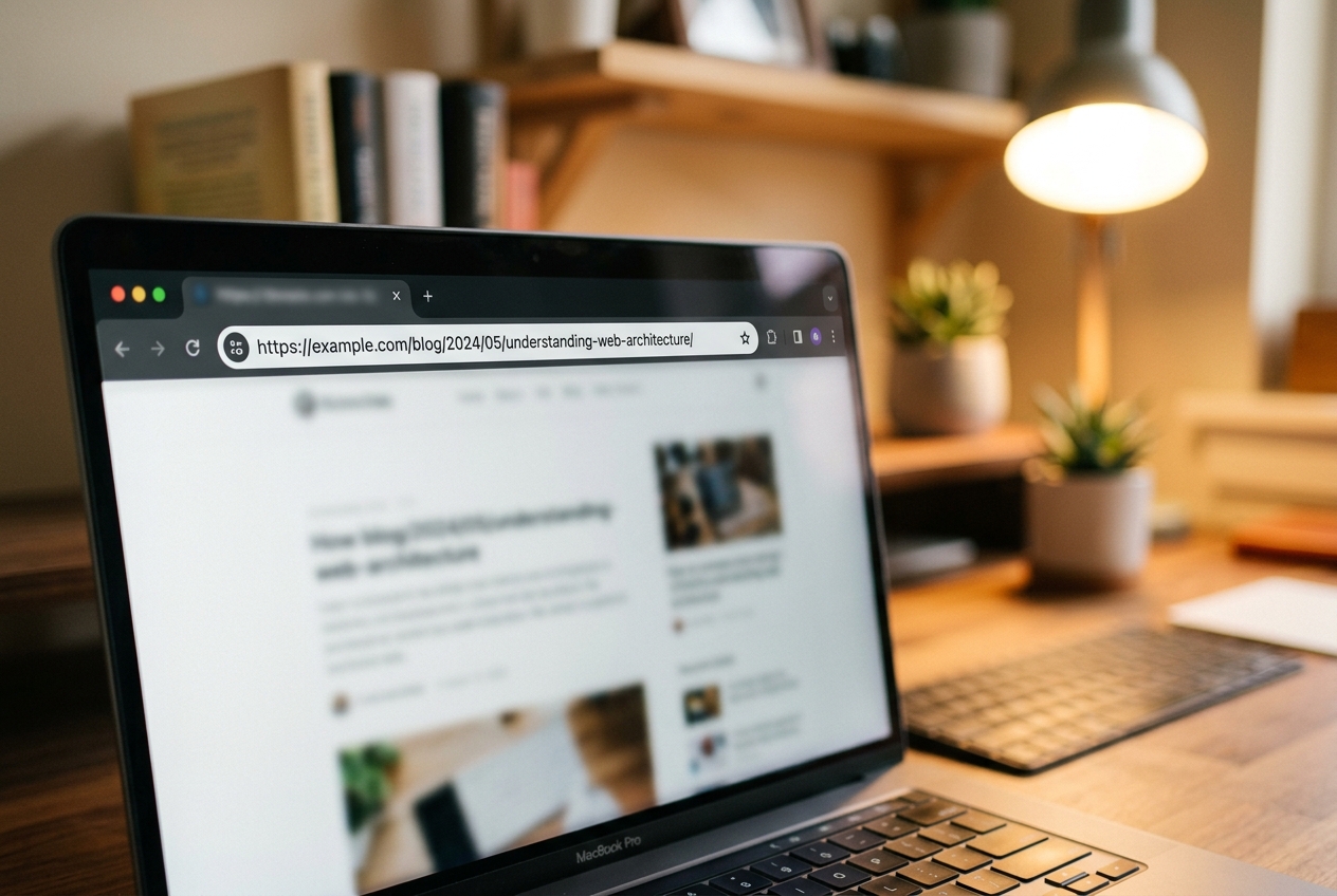 Browser address bar on laptop showing clean URL slug