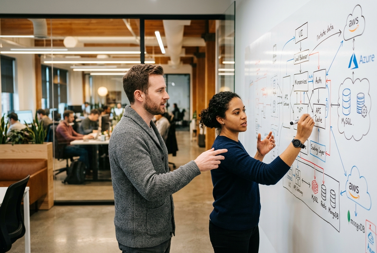 Software engineers discussing system architecture on a whiteboard